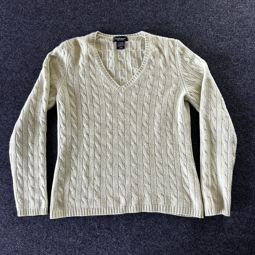Lord & Taylor Cashmere Sweater Womens Large Sage Green Cable Knit V-Neck L